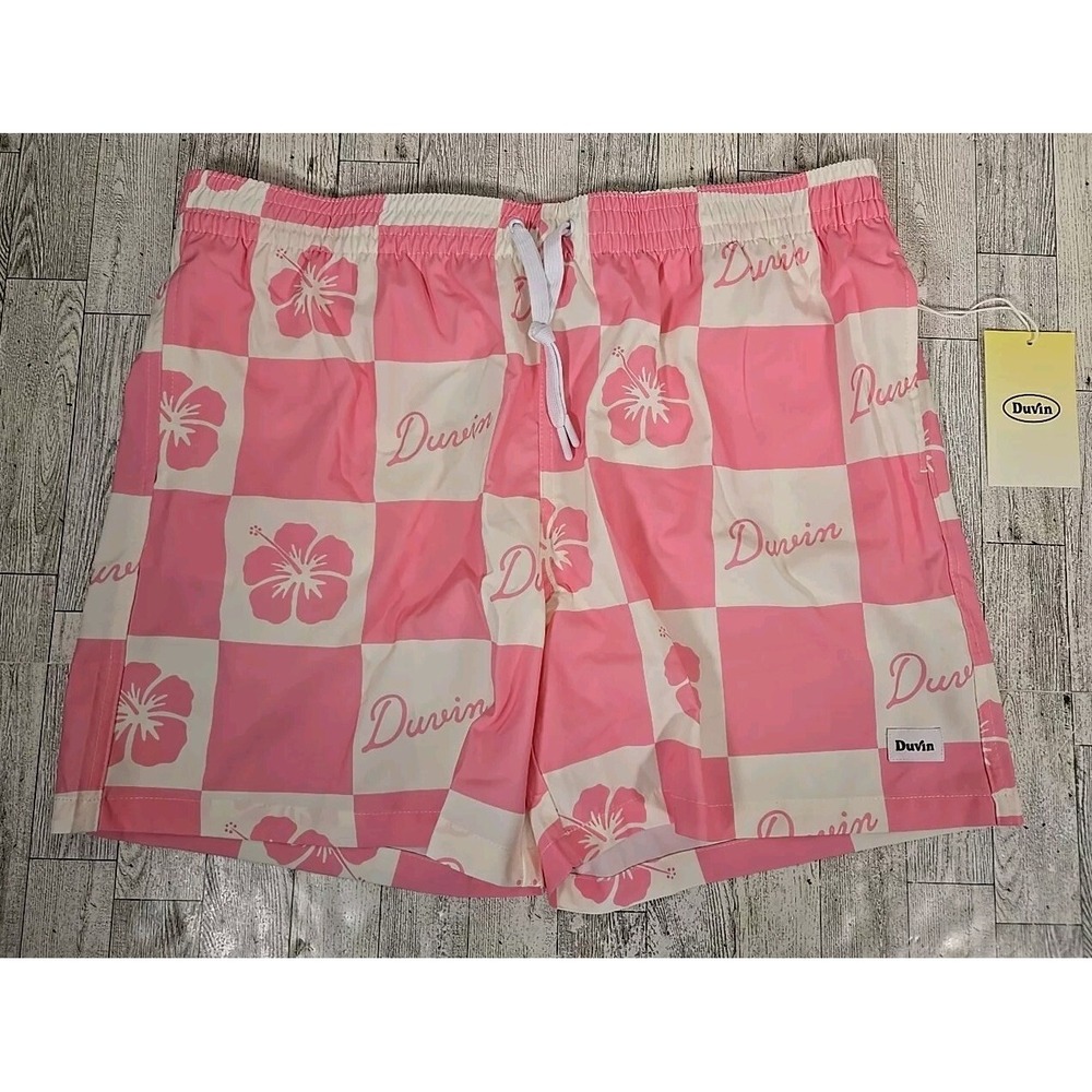 Duvin Swim Trunks XXL (2X) Mens Checkered Pink Mesh Liner Pockets NEW